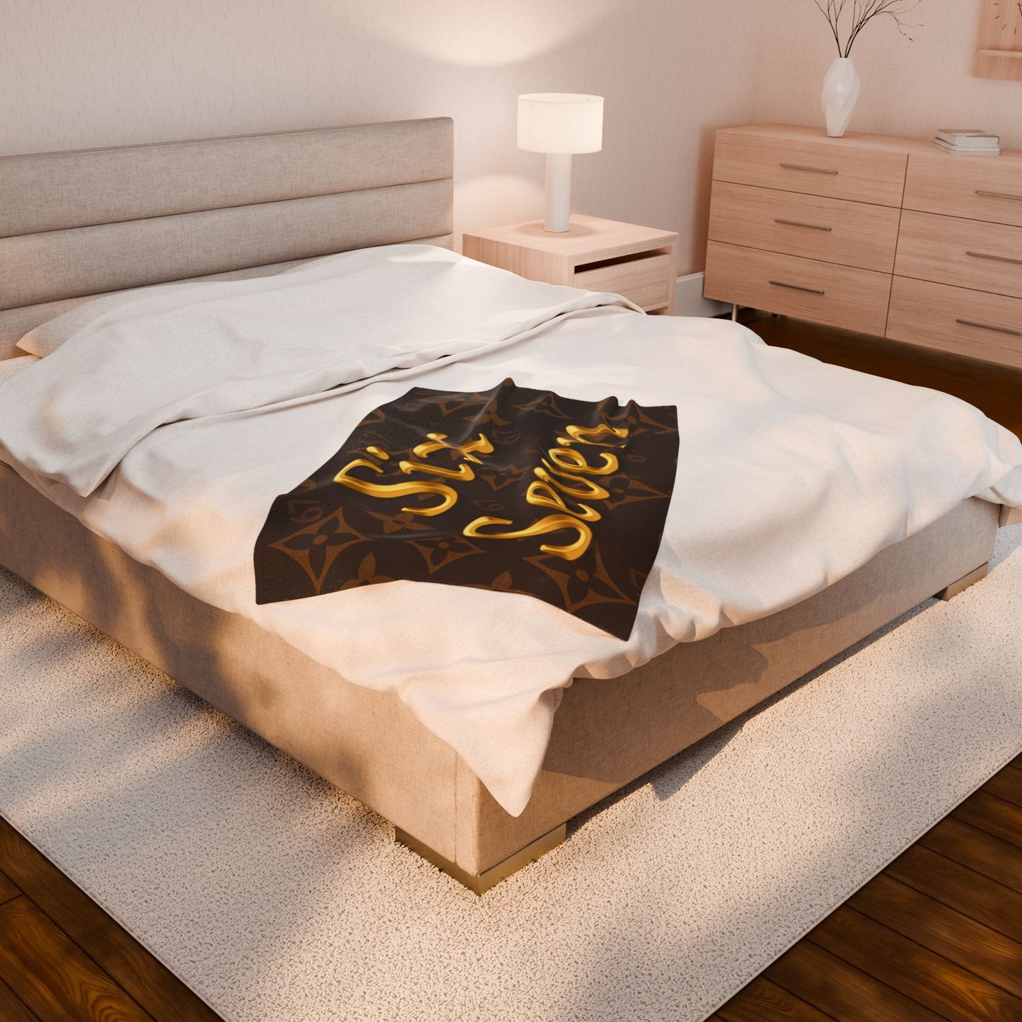 Gold Script "Six Seven" Velveteen Plush Blanket — Luxe Brown Monogram 6 7 Throw