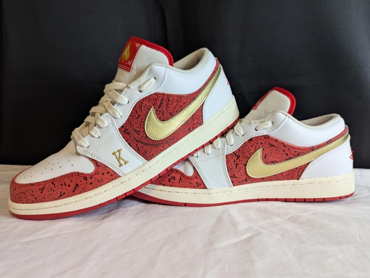 Jordan 1 Low SE "Spades" White Red Gold Size 13 Used VGC DJ5185 - 100 No Box - Sole & Drip