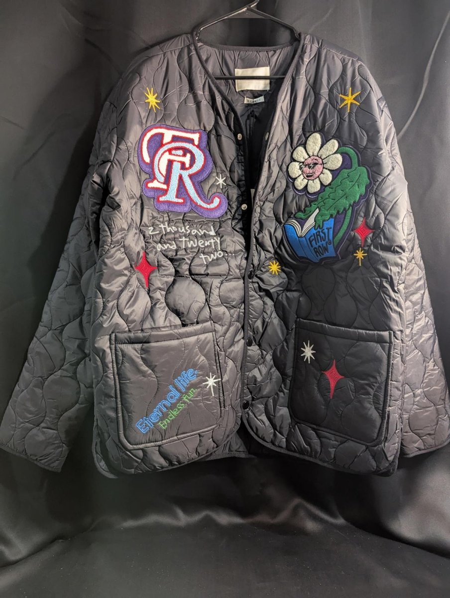 NWT FIRST ROW DENIM "Sunshine" Quilted Liner Jacket Multi - Patch Black XL Street - Sole & Drip