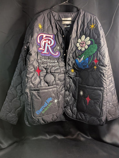 NWT FIRST ROW DENIM "Sunshine" Quilted Liner Jacket Multi - Patch Black XL Street - Sole & Drip