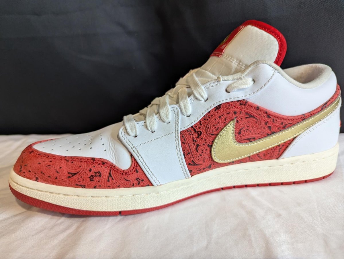 Jordan 1 Low SE "Spades" White Red Gold Size 13 Used VGC DJ5185 - 100 No Box - Sole & Drip