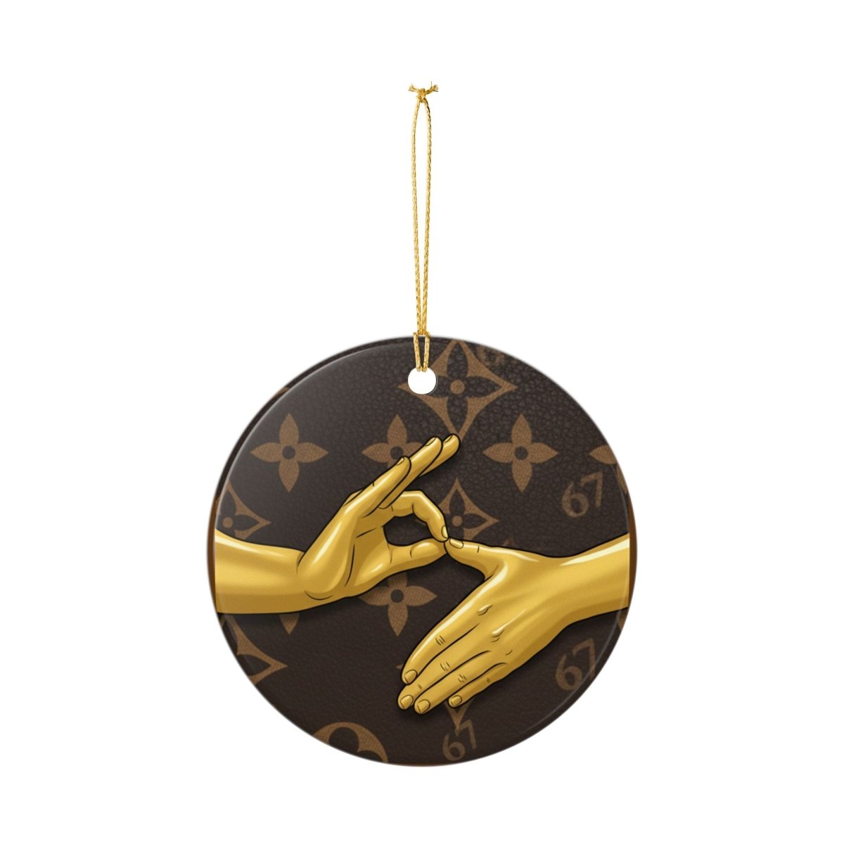 Ceramic Ornament — 6 7 Gold Hand Gesture on Luxury Monogram Background - Sole and Drip