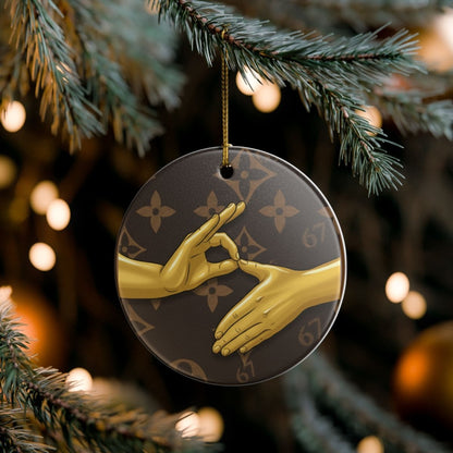 Ceramic Ornament — 6 7 Gold Hand Gesture on Luxury Monogram Background - Sole and Drip
