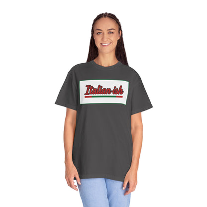 Italian-ish Graphic T-Shirt — Retro Script Design with Italian Flag Accent