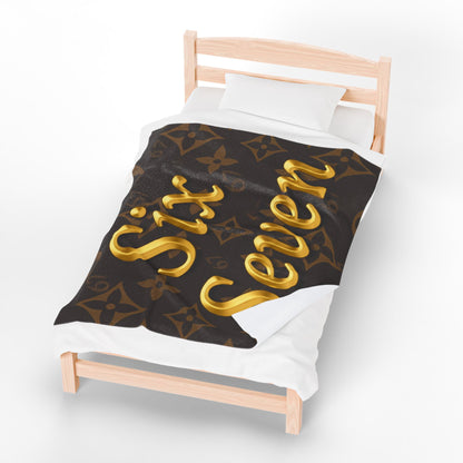 Gold Script "Six Seven" Velveteen Plush Blanket — Luxe Brown Monogram 6 7 Throw