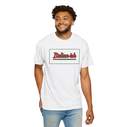 Italian-ish Graphic T-Shirt — Retro Script Design with Italian Flag Accent