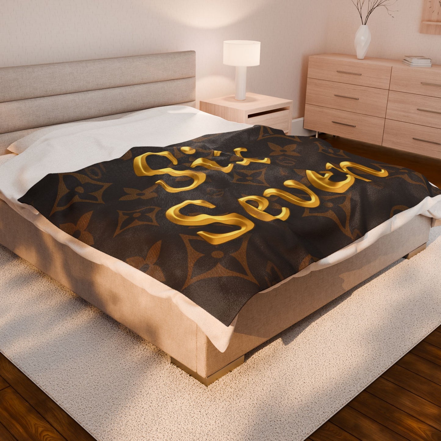 Gold Script "Six Seven" Velveteen Plush Blanket — Luxe Brown Monogram 6 7 Throw