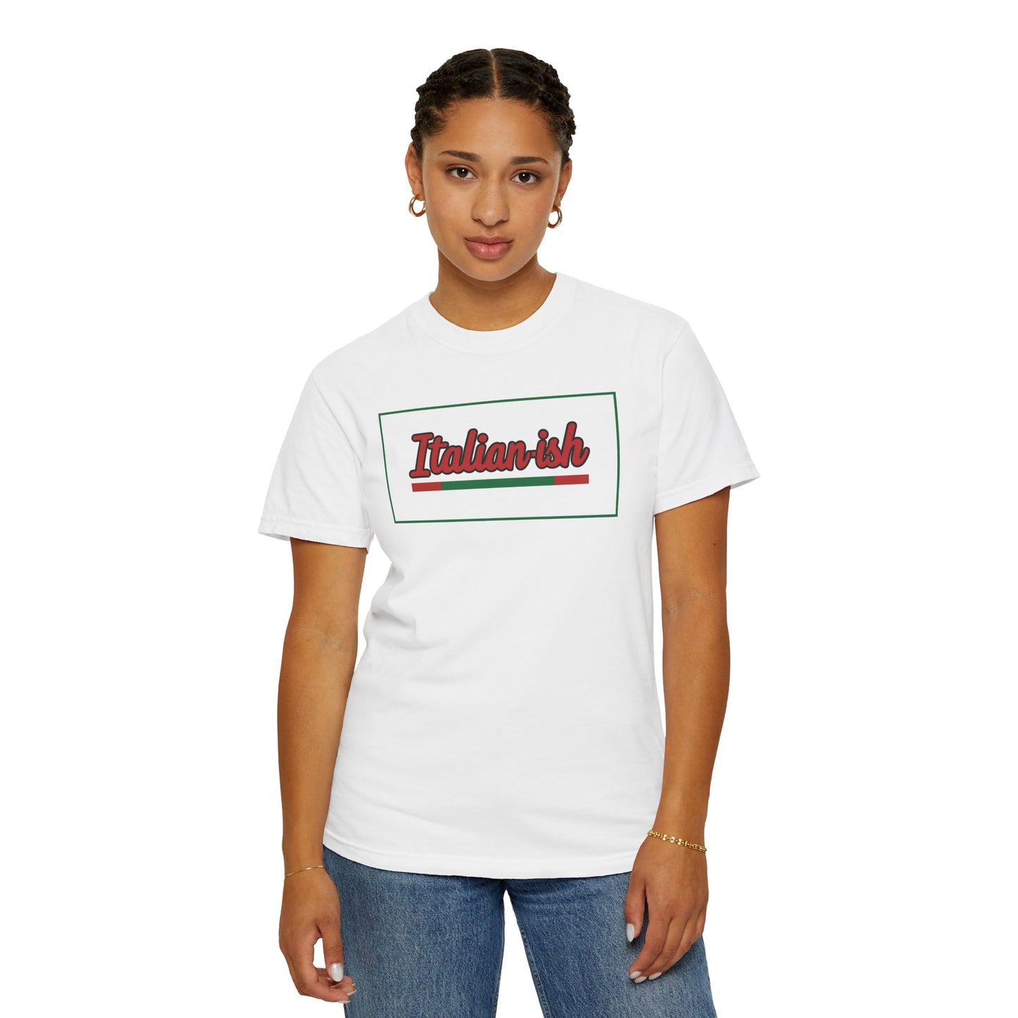 Italian-ish Graphic T-Shirt — Retro Script Design with Italian Flag Accent