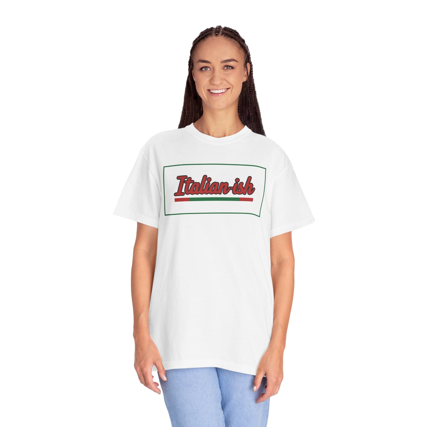 Italian-ish Graphic T-Shirt — Retro Script Design with Italian Flag Accent