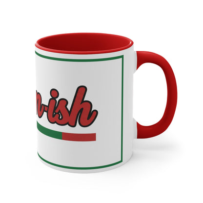 Italian-ish Accent Mug — 11oz Colorful Coffee Cup with Red & Green Italian Flag Trim