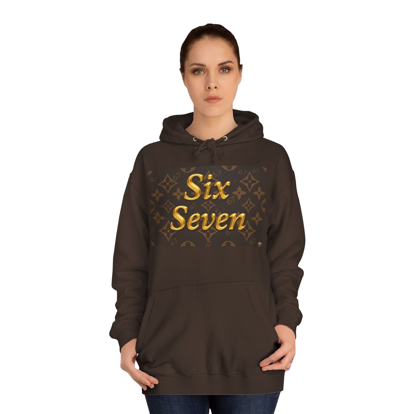 Six Seven Hoodie — Luxury Monogram 6 7 Gold Graphic College Pullover