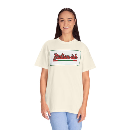 Italian-ish Graphic T-Shirt — Retro Script Design with Italian Flag Accent