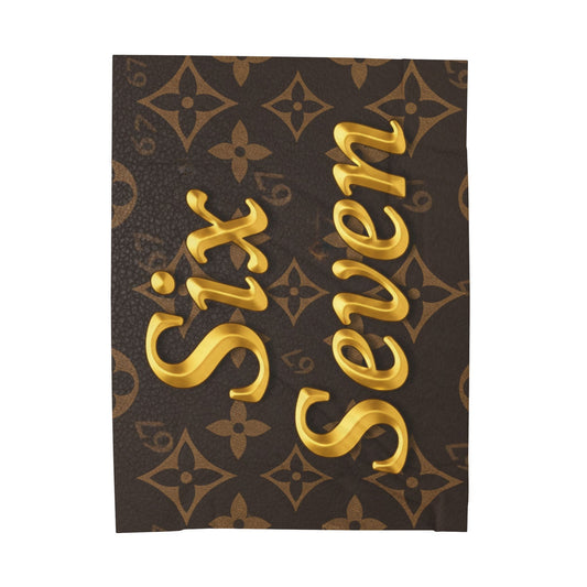 Gold Script "Six Seven" Velveteen Plush Blanket — Luxe Brown Monogram 6 7 Throw