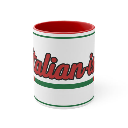 Italian-ish Accent Mug — 11oz Colorful Coffee Cup with Red & Green Italian Flag Trim
