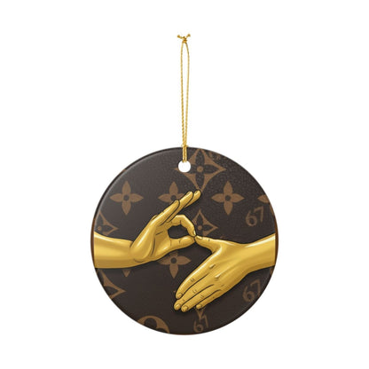 Ceramic Ornament — 6 7 Gold Hand Gesture on Luxury Monogram Background - Sole and Drip