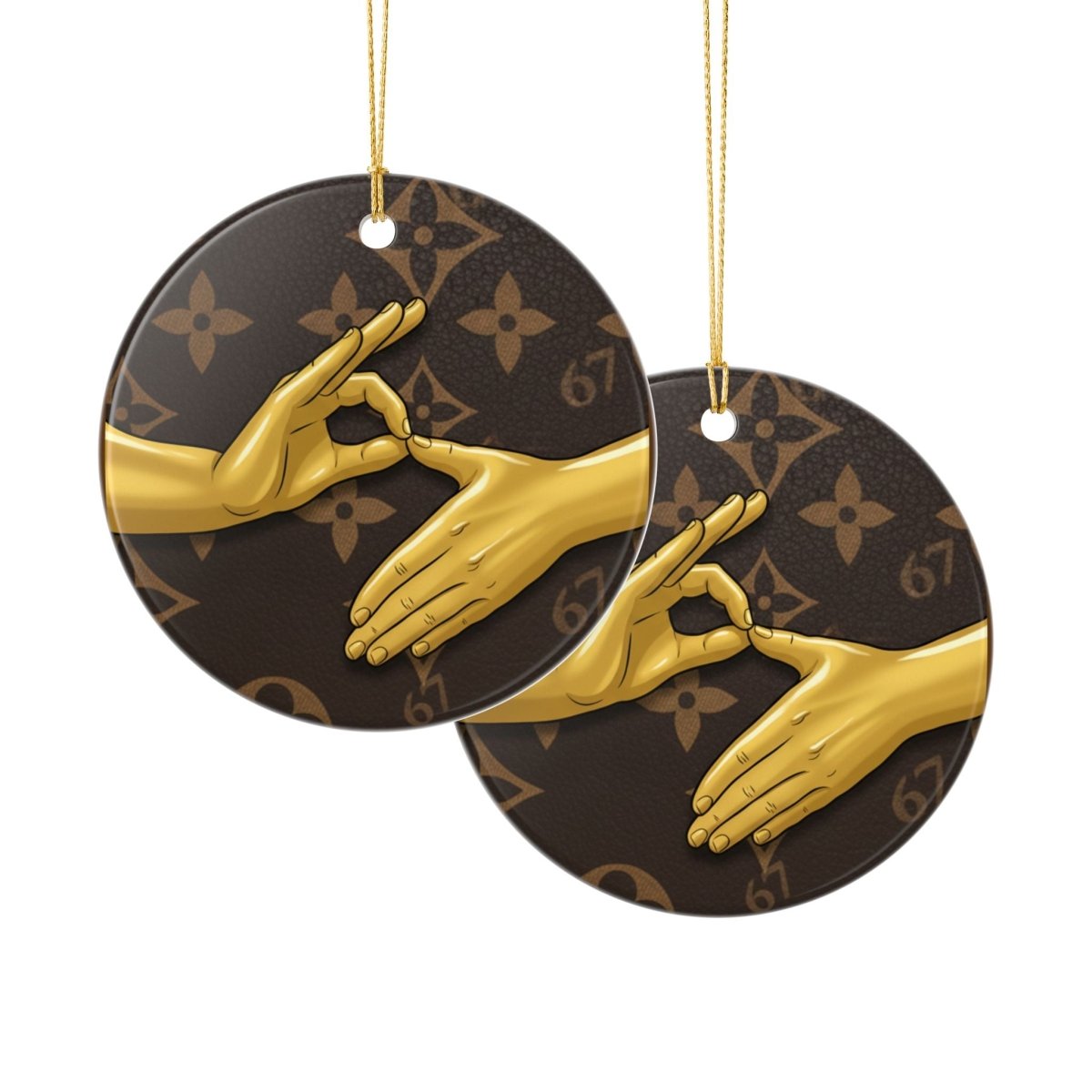 Ceramic Ornament — 6 7 Gold Hand Gesture on Luxury Monogram Background - Sole and Drip