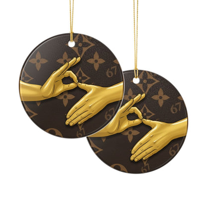 Ceramic Ornament — 6 7 Gold Hand Gesture on Luxury Monogram Background - Sole and Drip