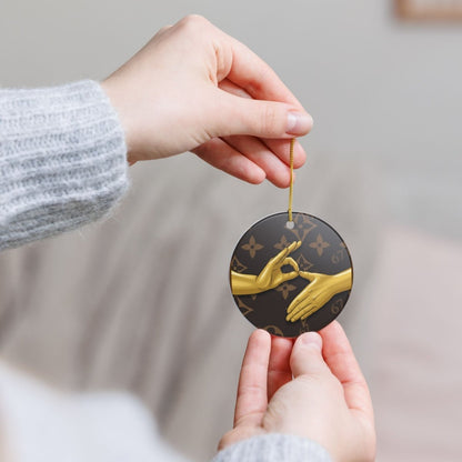 Ceramic Ornament — 6 7 Gold Hand Gesture on Luxury Monogram Background - Sole and Drip