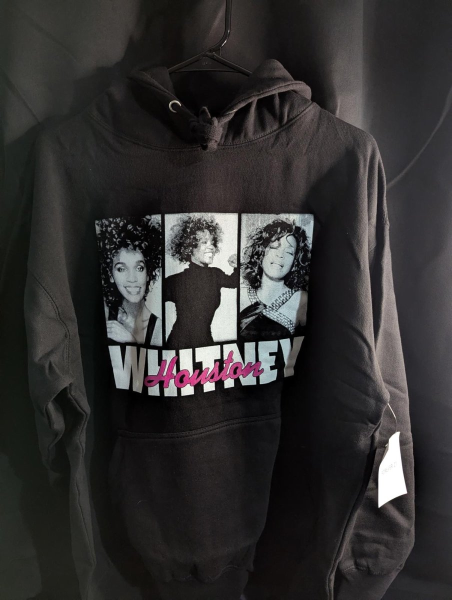NWT Whitney Houston Triple Portrait Hoodie Black Pink Script Size L Music Icon - Sole & Drip