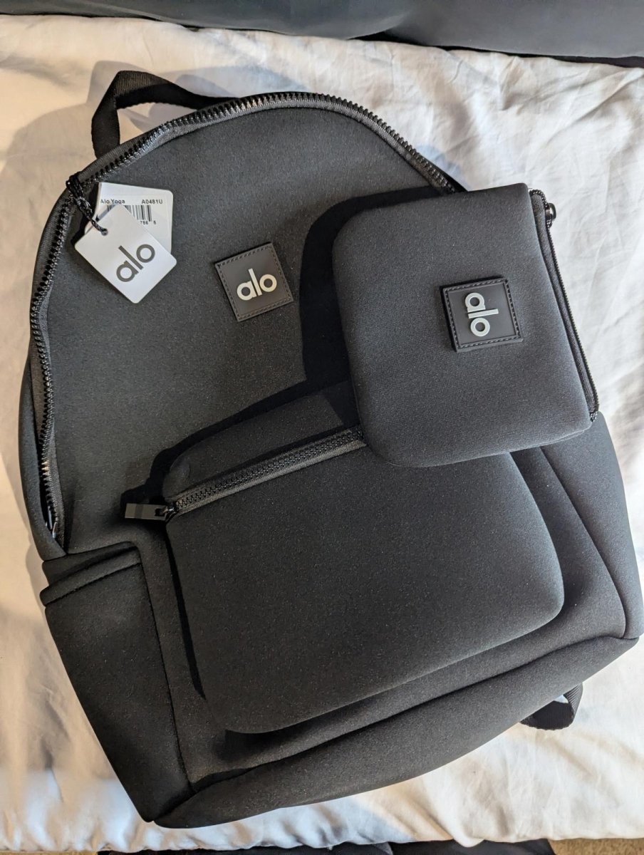NEW NWT Alo Yoga Utility Backpack Black Neoprene W/ Matching Zip Pouch Wallet - Sole & Drip