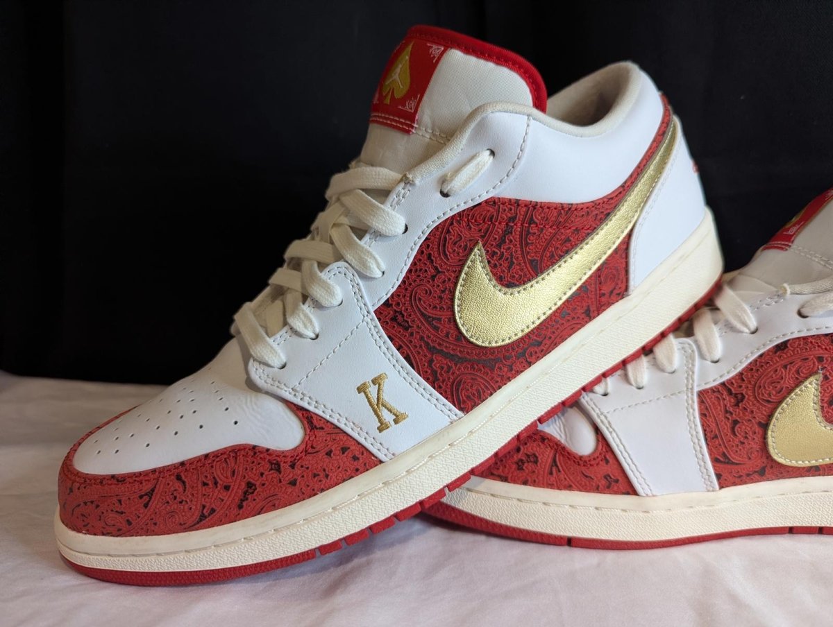 Jordan 1 Low SE "Spades" White Red Gold Size 13 Used VGC DJ5185 - 100 No Box - Sole & Drip