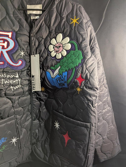 NWT FIRST ROW DENIM "Sunshine" Quilted Liner Jacket Multi - Patch Black XL Street - Sole & Drip