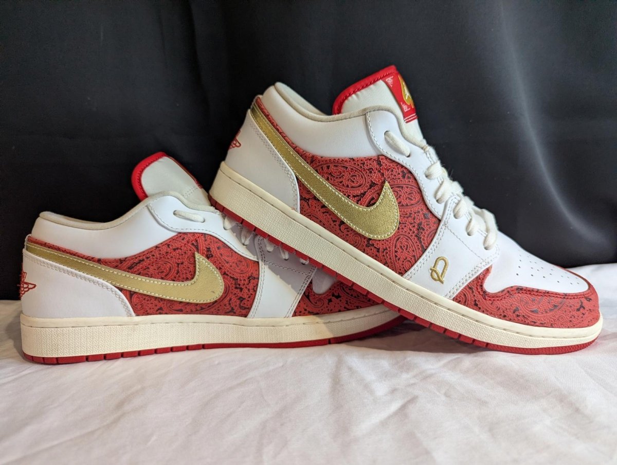 Jordan 1 Low SE "Spades" White Red Gold Size 13 Used VGC DJ5185 - 100 No Box - Sole & Drip