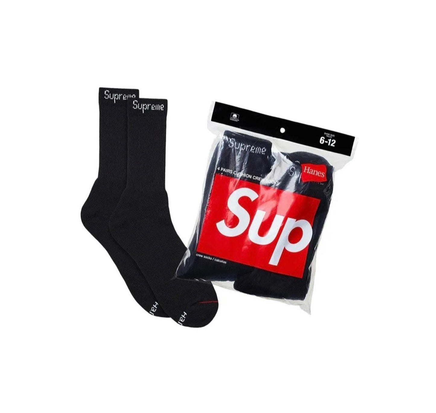 Supreme Hanes Black Crew Socks Authentic 4 Pack Size 6-12 NWT Fast Ship