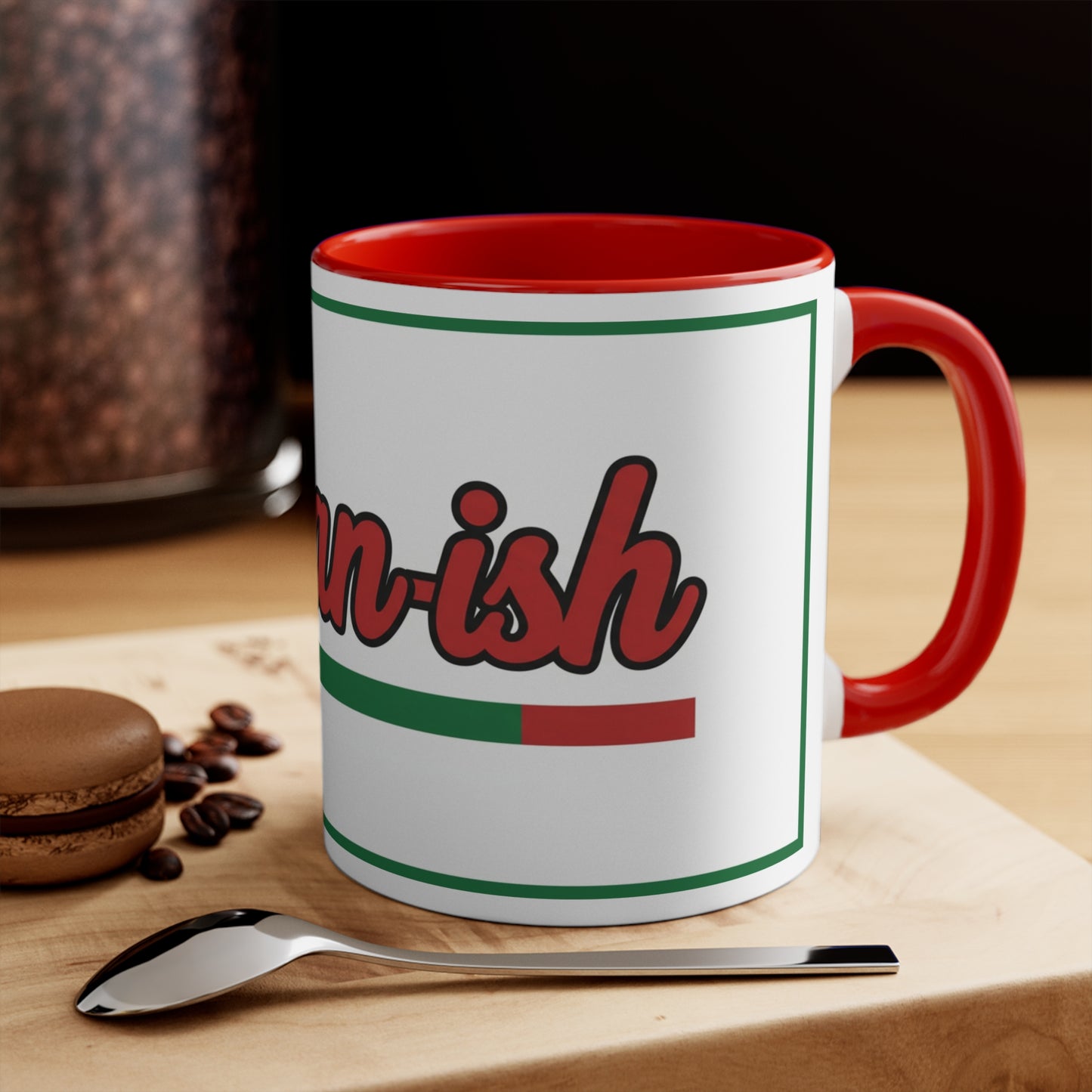 Italian-ish Accent Mug — 11oz Colorful Coffee Cup with Red & Green Italian Flag Trim