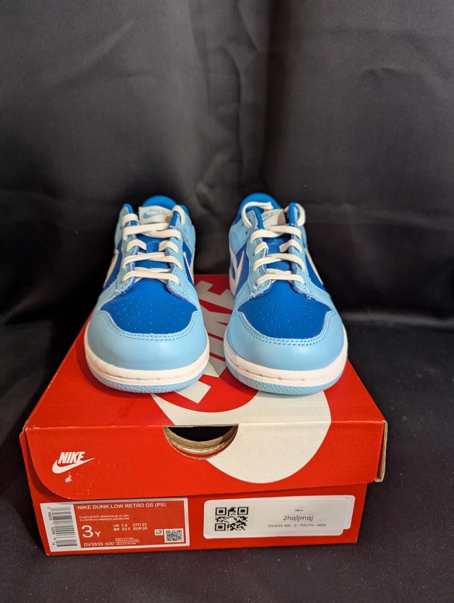 NEW NIB Nike Dunk Low Retro QS "Argon" Blue White Size 3Y Preschool DV2635 - 400 - Sole & Drip