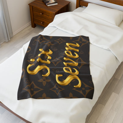 Gold Script "Six Seven" Velveteen Plush Blanket — Luxe Brown Monogram 6 7 Throw