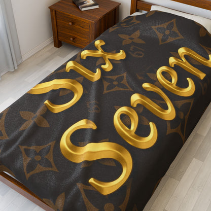 Gold Script "Six Seven" Velveteen Plush Blanket — Luxe Brown Monogram 6 7 Throw