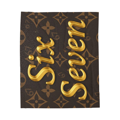 Gold Script "Six Seven" Velveteen Plush Blanket — Luxe Brown Monogram 6 7 Throw