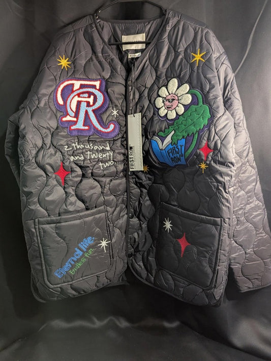 NWT FIRST ROW DENIM "Sunshine" Quilted Liner Jacket Multi - Patch Black XL Street - Sole & Drip