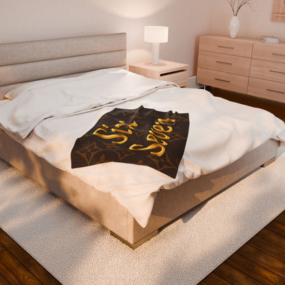 Gold Script "Six Seven" Velveteen Plush Blanket — Luxe Brown Monogram 6 7 Throw