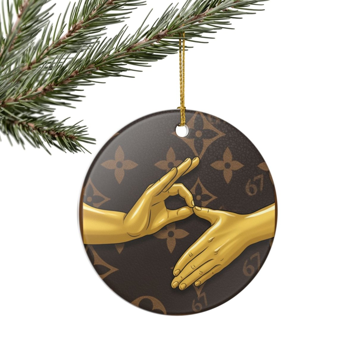 Ceramic Ornament — 6 7 Gold Hand Gesture on Luxury Monogram Background - Sole and Drip
