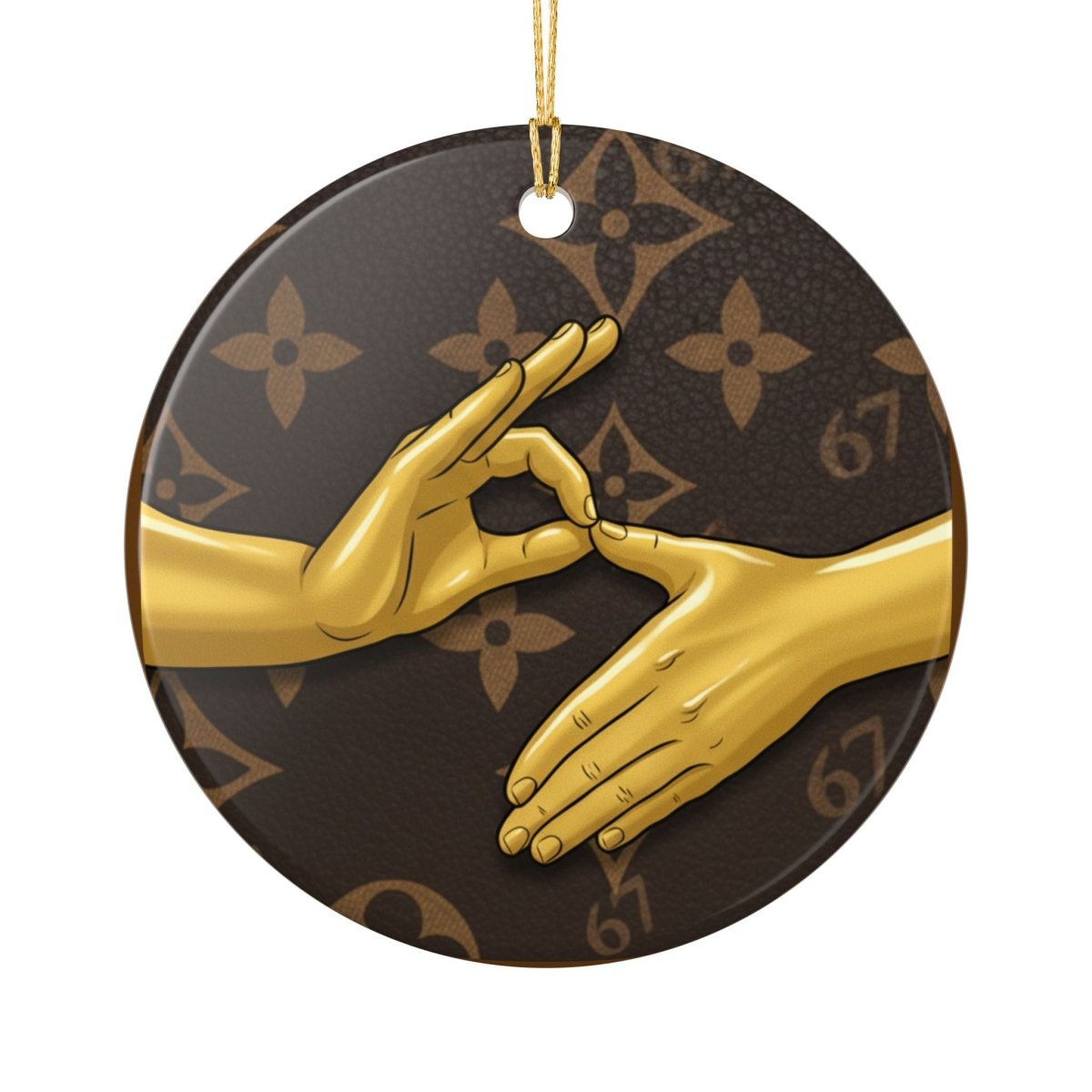 Ceramic Ornament — 6 7 Gold Hand Gesture on Luxury Monogram Background - Sole and Drip
