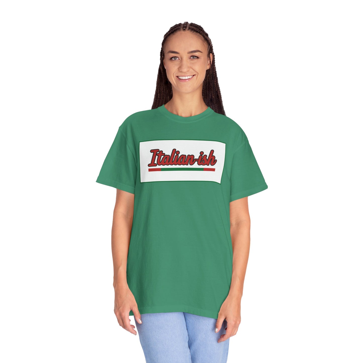 Italian-ish Graphic T-Shirt — Retro Script Design with Italian Flag Accent