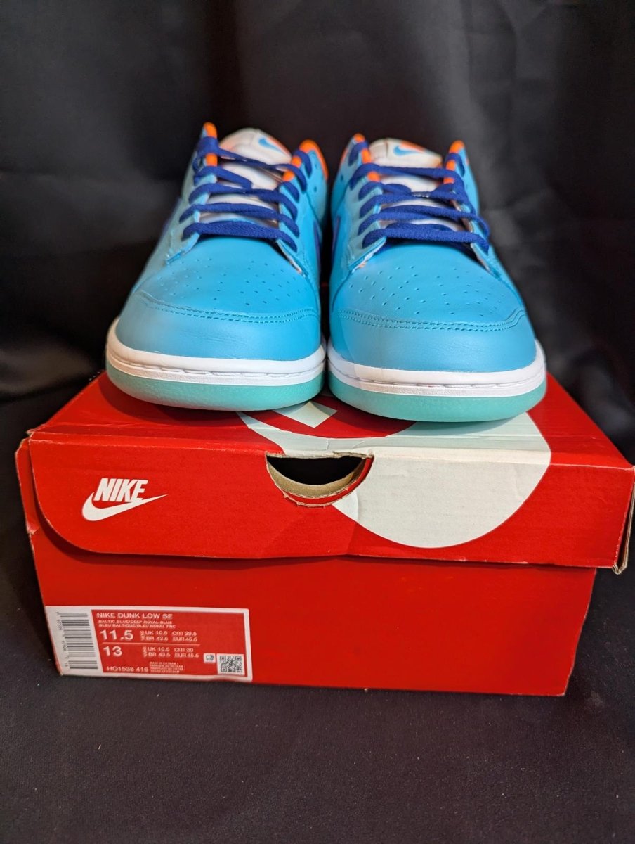 NEW NIB Nike Dunk Low SE "Baltic Blue Total Orange" 11.5 HQ1538 - 416 Aqua Navy - Sole & Drip