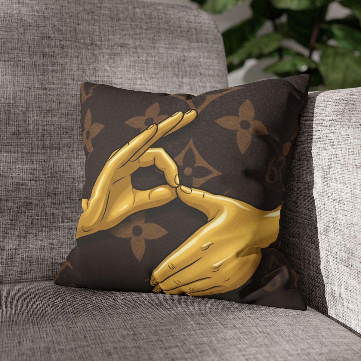 6 7 Gold Hand Gesture IYKYK Decorative Pillow — Luxe Monogram Faux Suede Throw Pillowcase - Sole and Drip