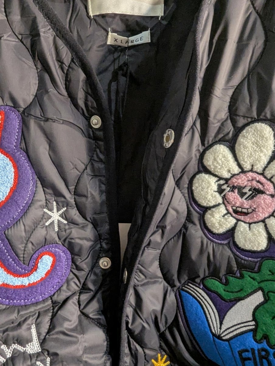 NWT FIRST ROW DENIM "Sunshine" Quilted Liner Jacket Multi - Patch Black XL Street - Sole & Drip