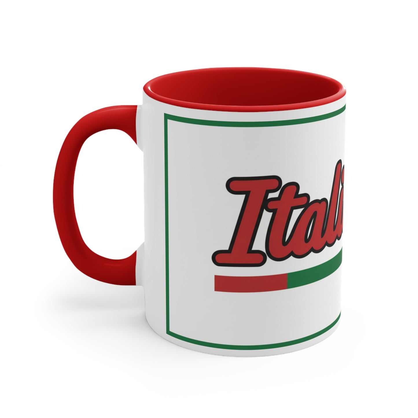 Italian-ish Accent Mug — 11oz Colorful Coffee Cup with Red & Green Italian Flag Trim