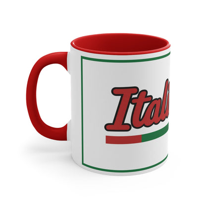 Italian-ish Accent Mug — 11oz Colorful Coffee Cup with Red & Green Italian Flag Trim