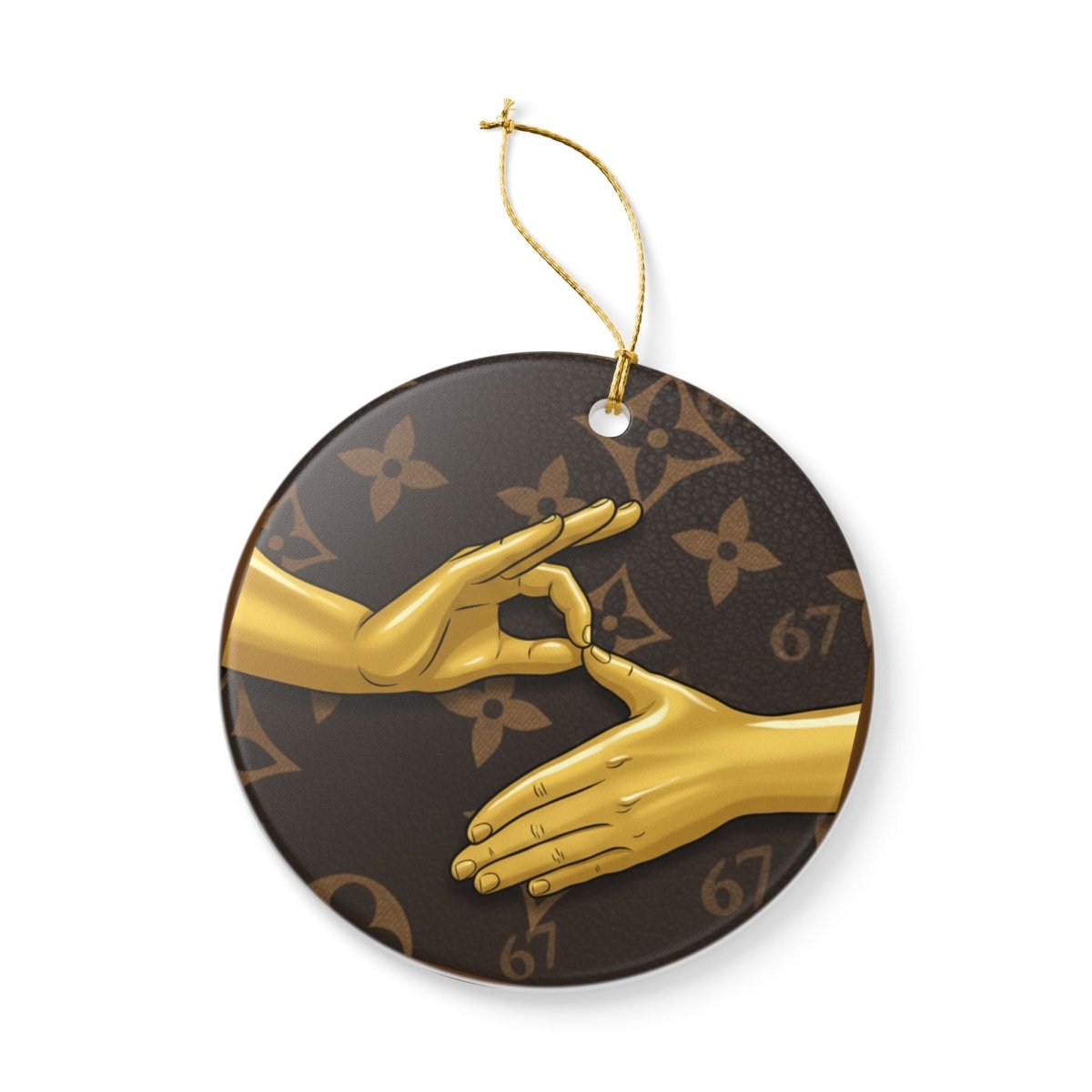 Ceramic Ornament — 6 7 Gold Hand Gesture on Luxury Monogram Background - Sole and Drip