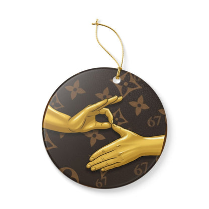 Ceramic Ornament — 6 7 Gold Hand Gesture on Luxury Monogram Background - Sole and Drip