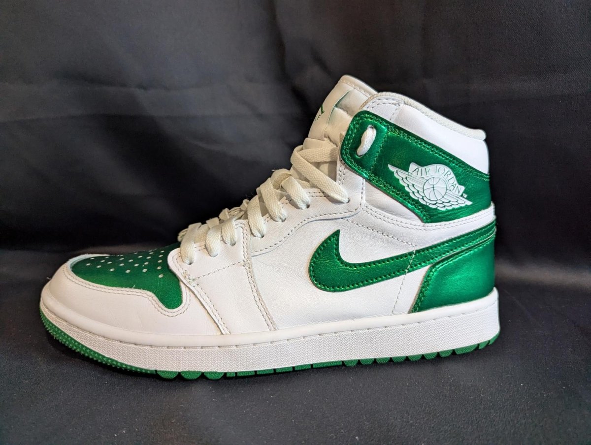 Jordan 1 High Golf "Metallic Green" Size 10 Used VGC DQ0660 - 130 Spikeless - Sole & Drip