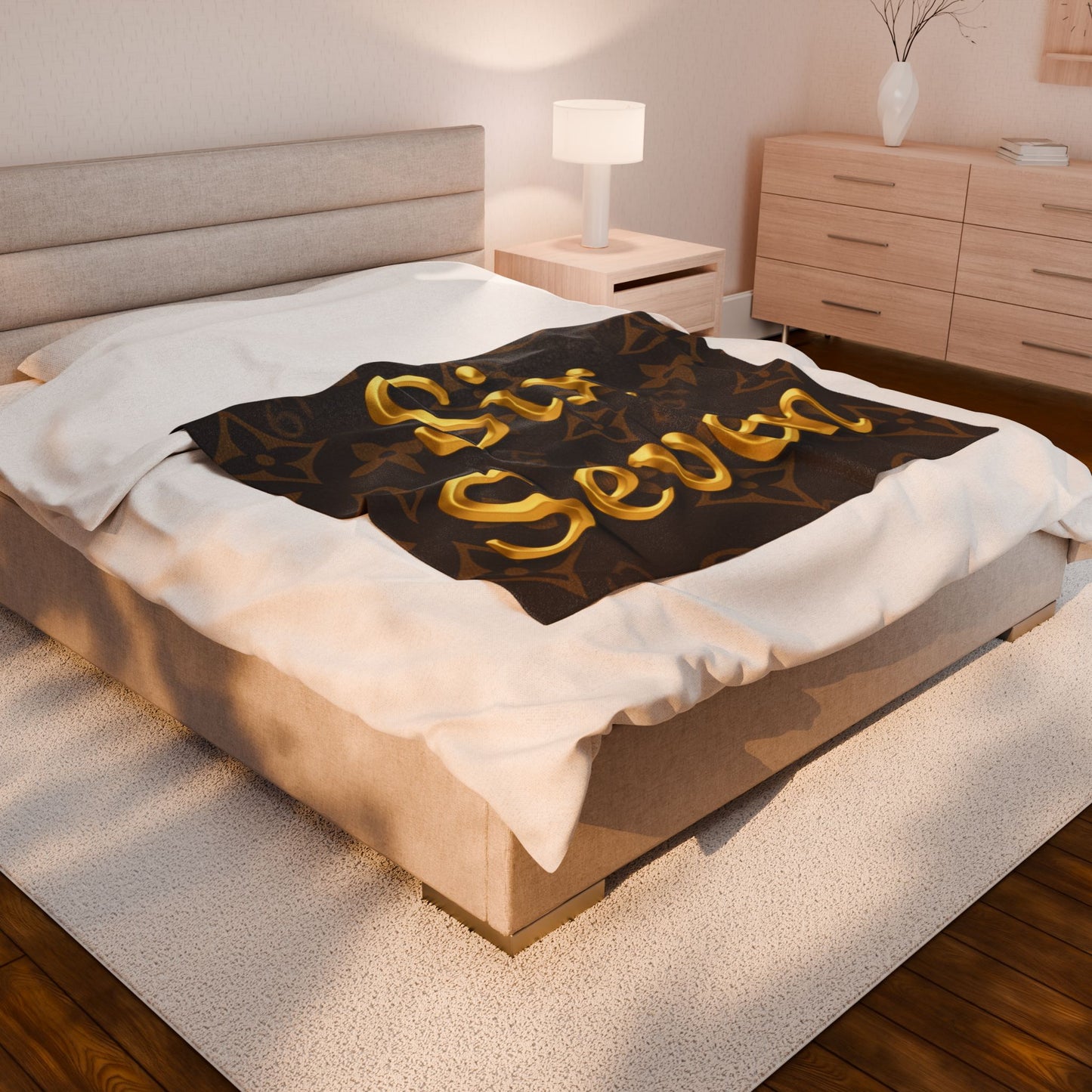 Gold Script "Six Seven" Velveteen Plush Blanket — Luxe Brown Monogram 6 7 Throw