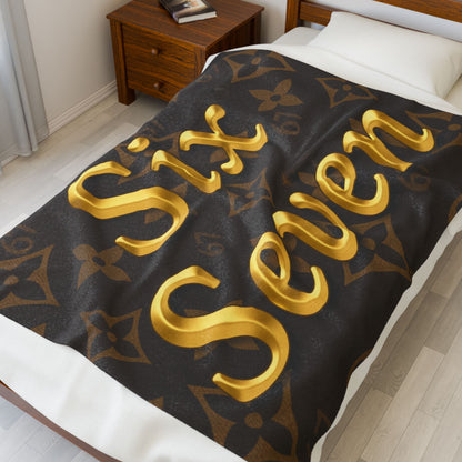 Gold Script "Six Seven" Velveteen Plush Blanket — Luxe Brown Monogram 6 7 Throw