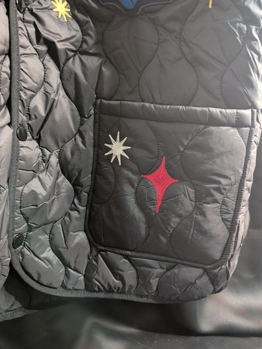 NWT FIRST ROW DENIM "Sunshine" Quilted Liner Jacket Multi - Patch Black XL Street - Sole & Drip