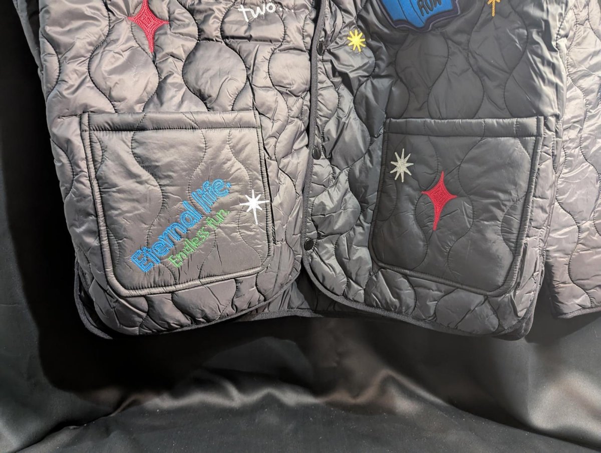 NWT FIRST ROW DENIM "Sunshine" Quilted Liner Jacket Multi - Patch Black XL Street - Sole & Drip